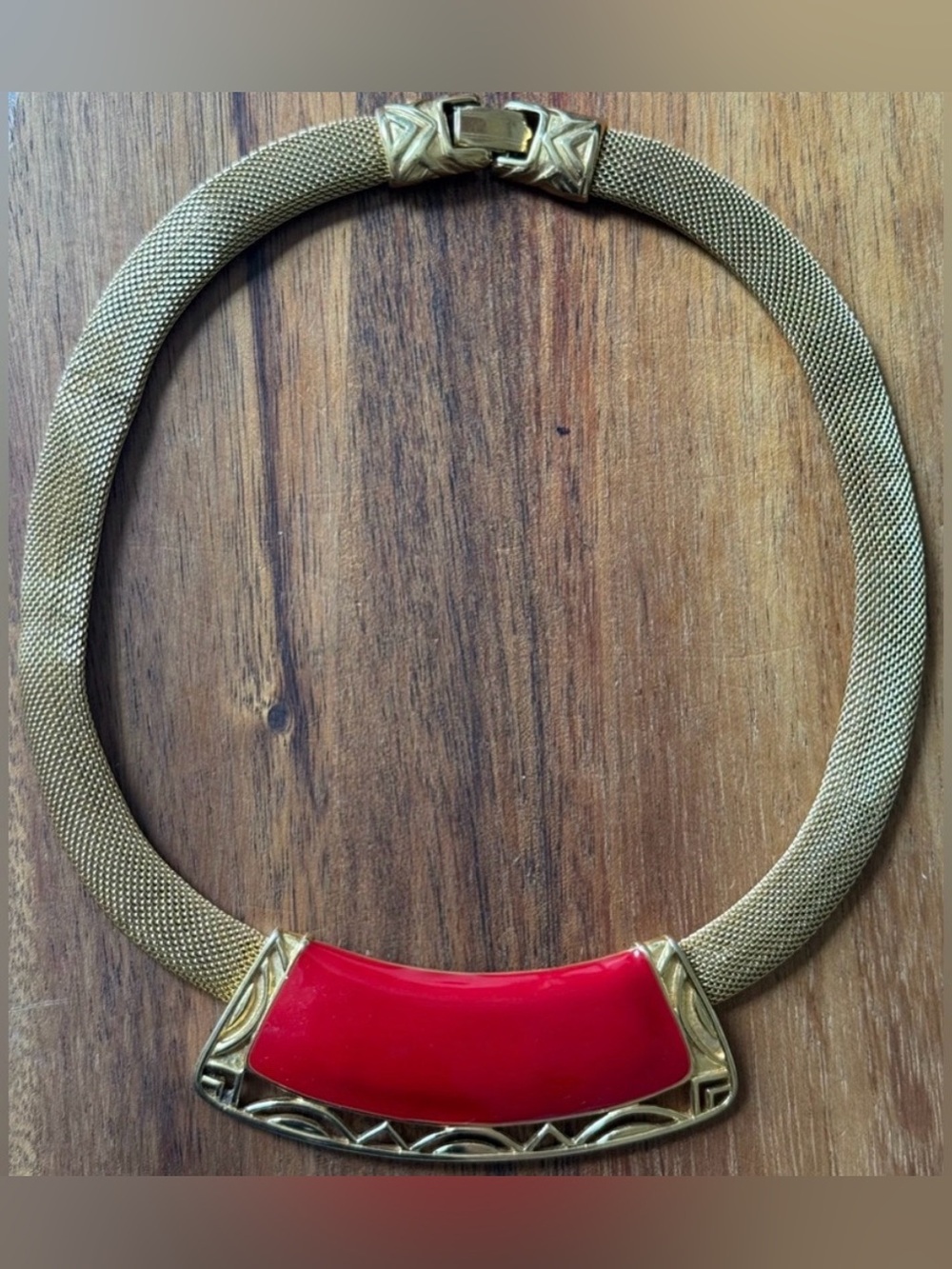 VTG Monet ModernistRed Enamel GP Mesh Runway Chocker Necklace 17” 80s